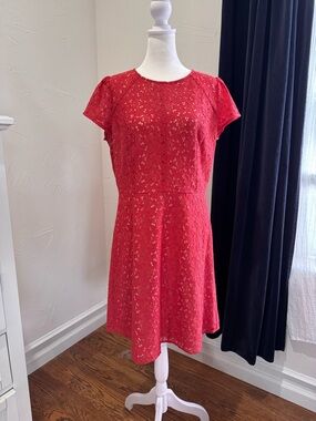 LOFT Red Lace Short-Sleeve Fit-and-Flare Dress